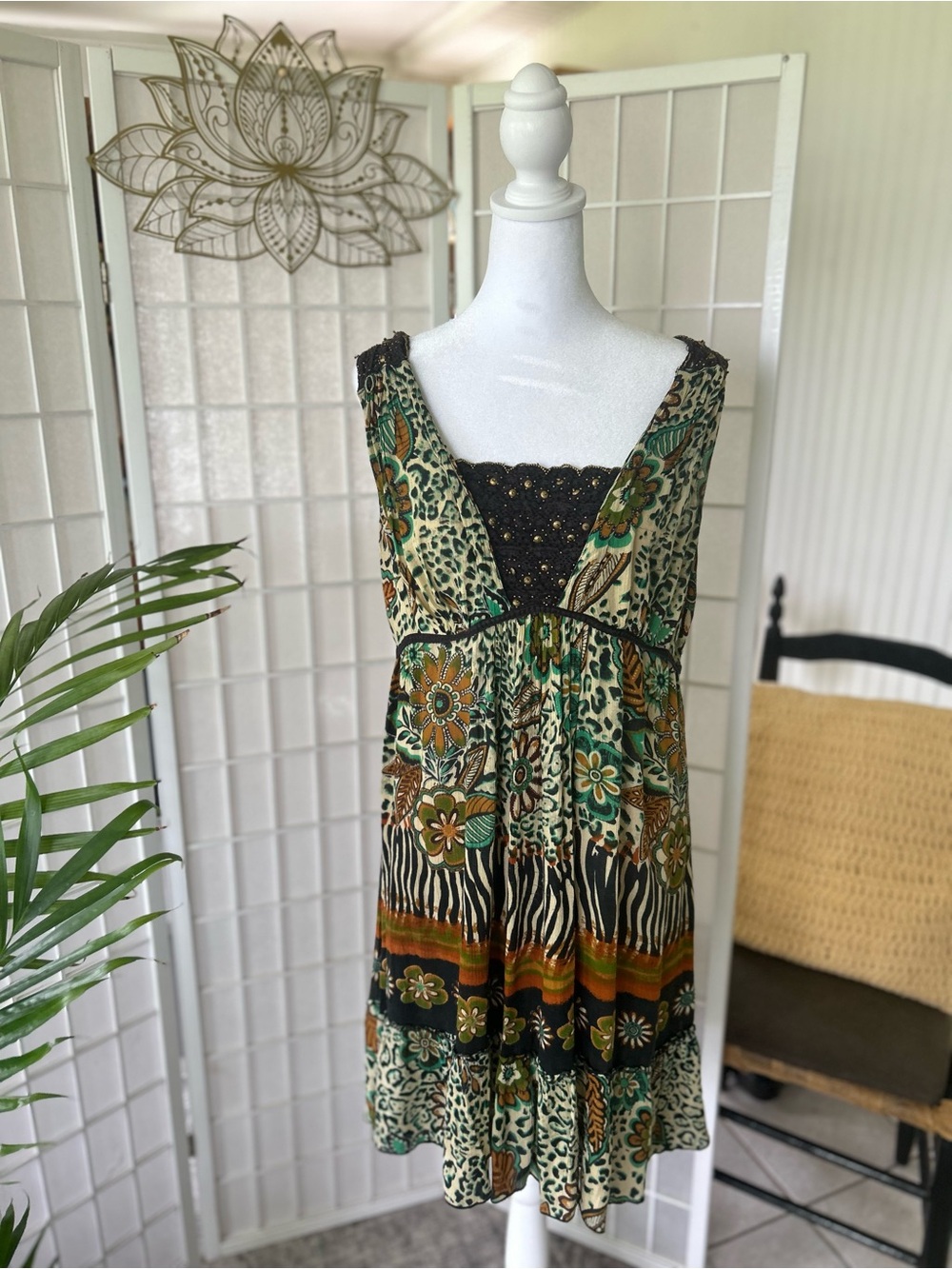 🌿✨ Forbidden XL Boho Beaded Crochet Dress | Floral Animal Print Tie Waist